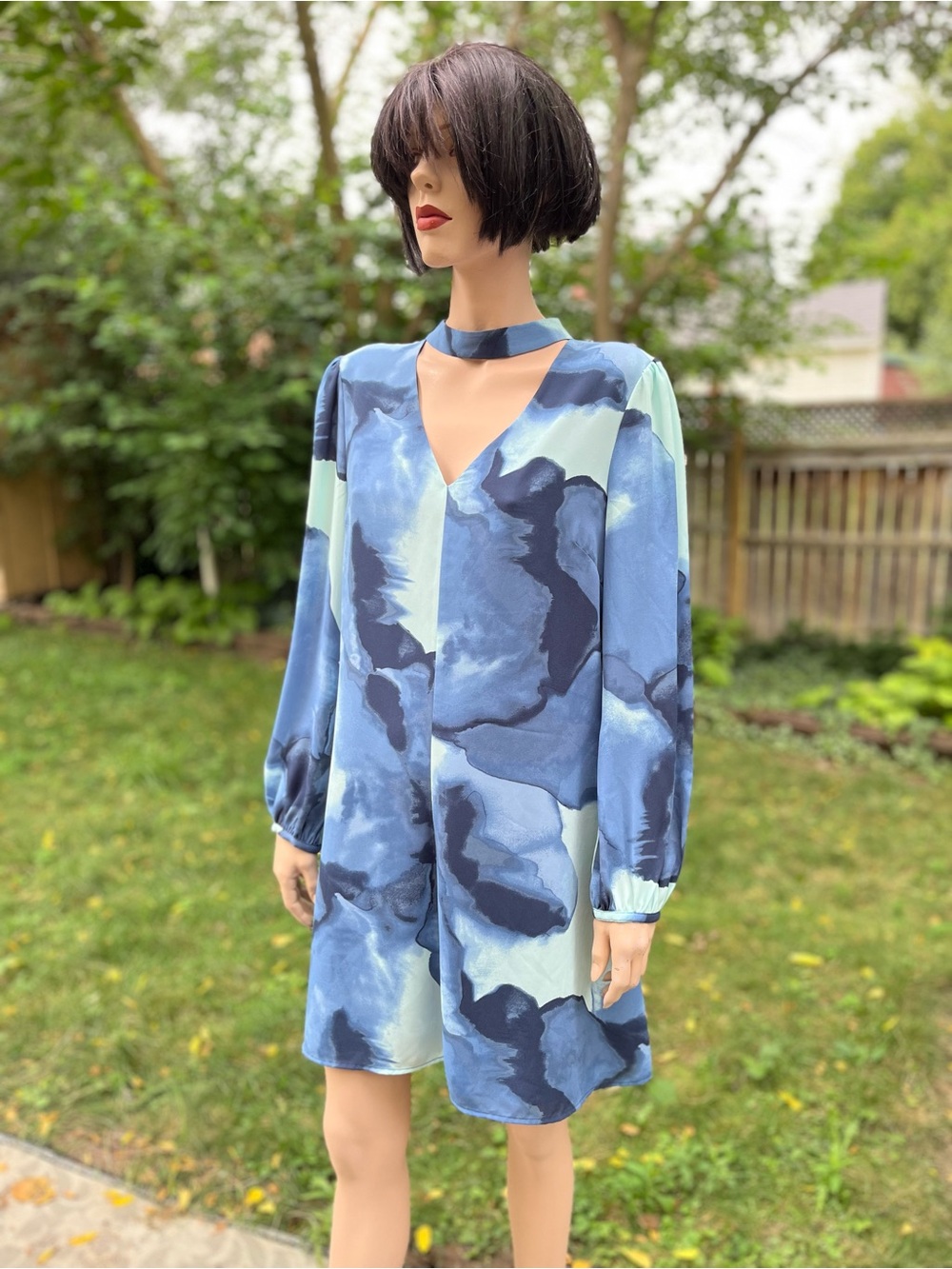 H by Halston Blue Watercolor V-Neck Choker Long Sleeve Mini Dress